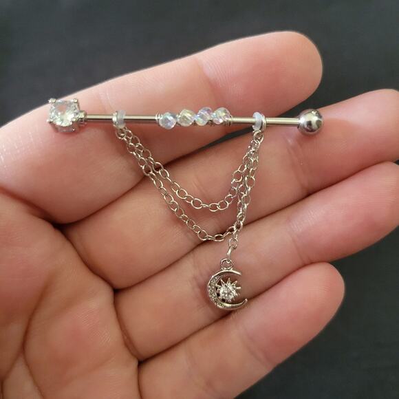 14 gauge stainless steel industrial ear piercing, beaded with crystal moon & sun - Picture 2 of 2